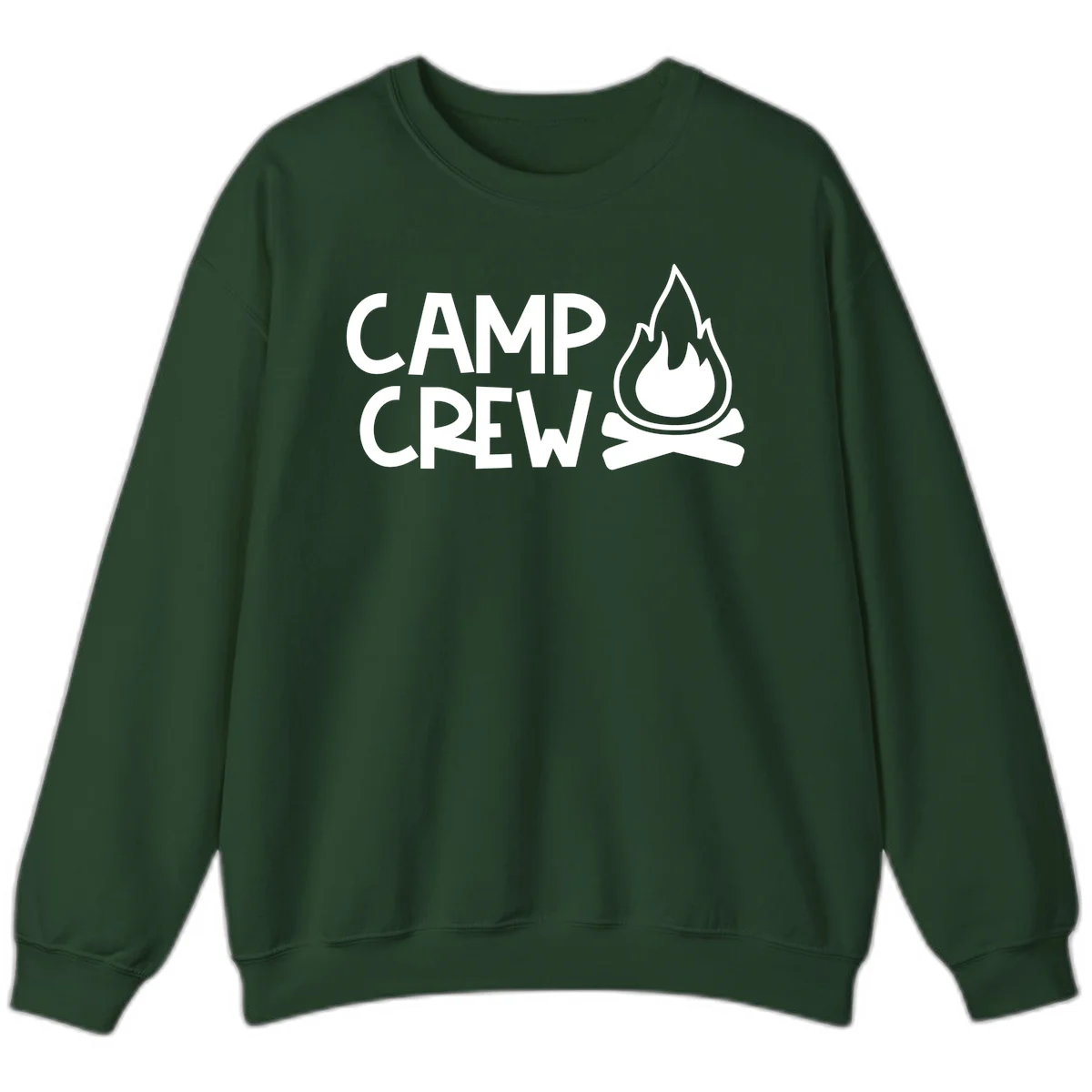 Camp crew campfire design with white text and stylized flames above crossed logs on gray background in Forest Green