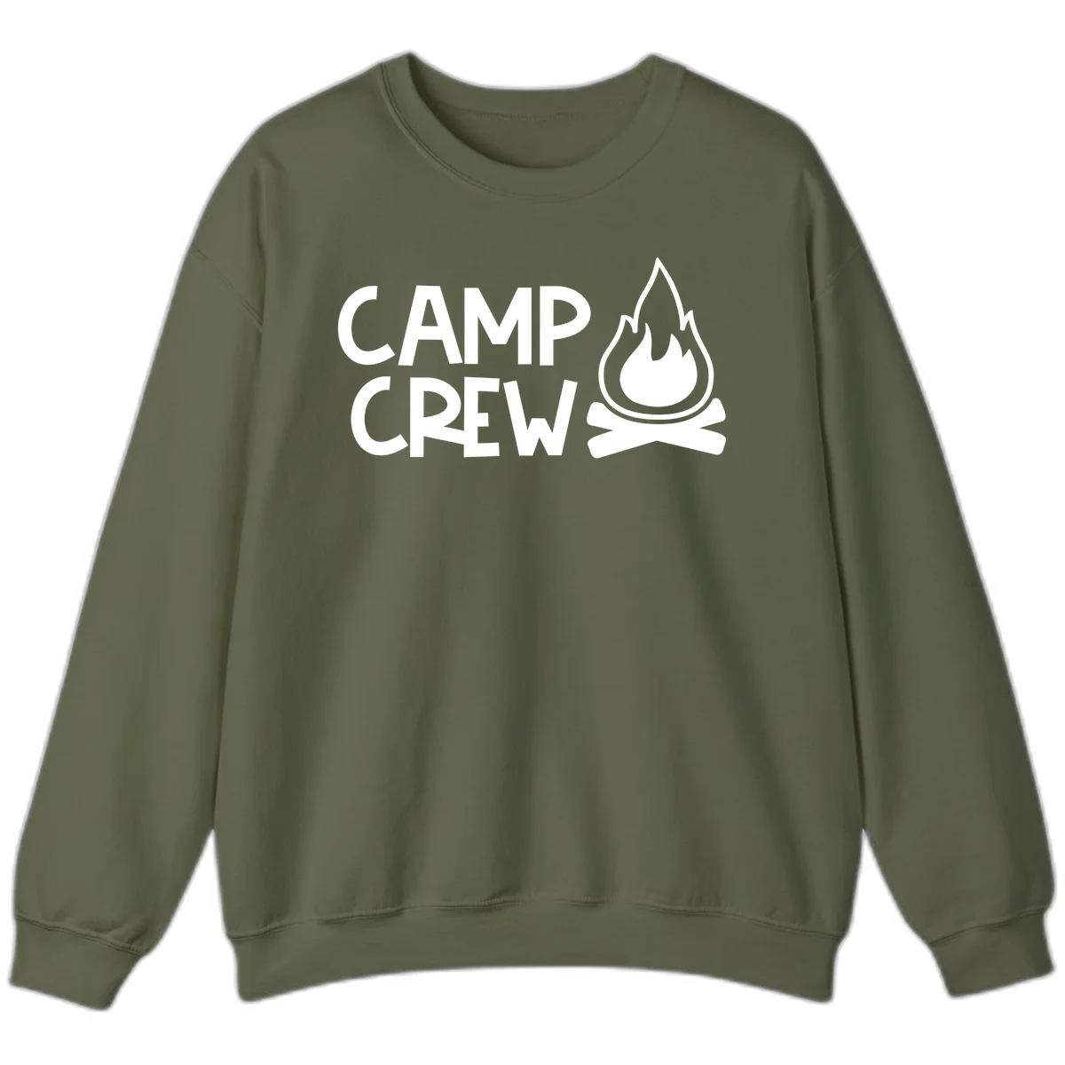 Camp crew campfire design with white text and stylized flames above crossed logs on gray background in Military Green