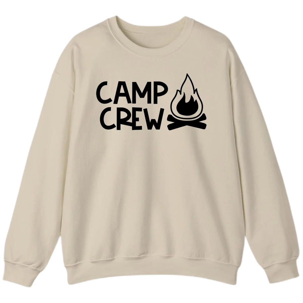 Camp crew campfire design with white text and stylized flames above crossed logs on gray background in Sand