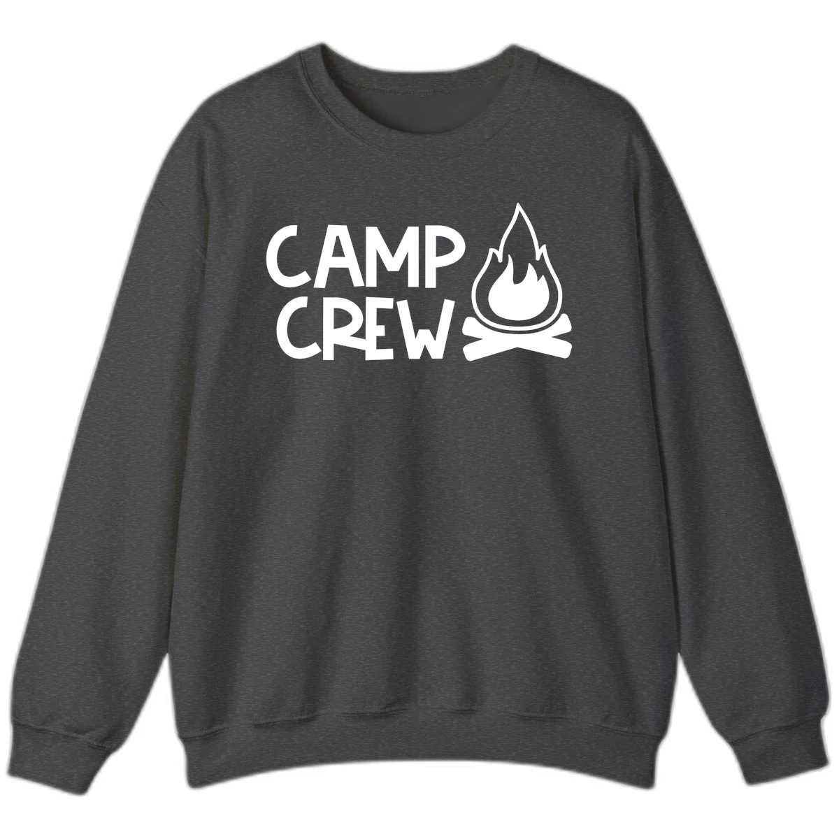 Camp crew campfire design with white text and stylized flames above crossed logs on gray background in Dark Heather
