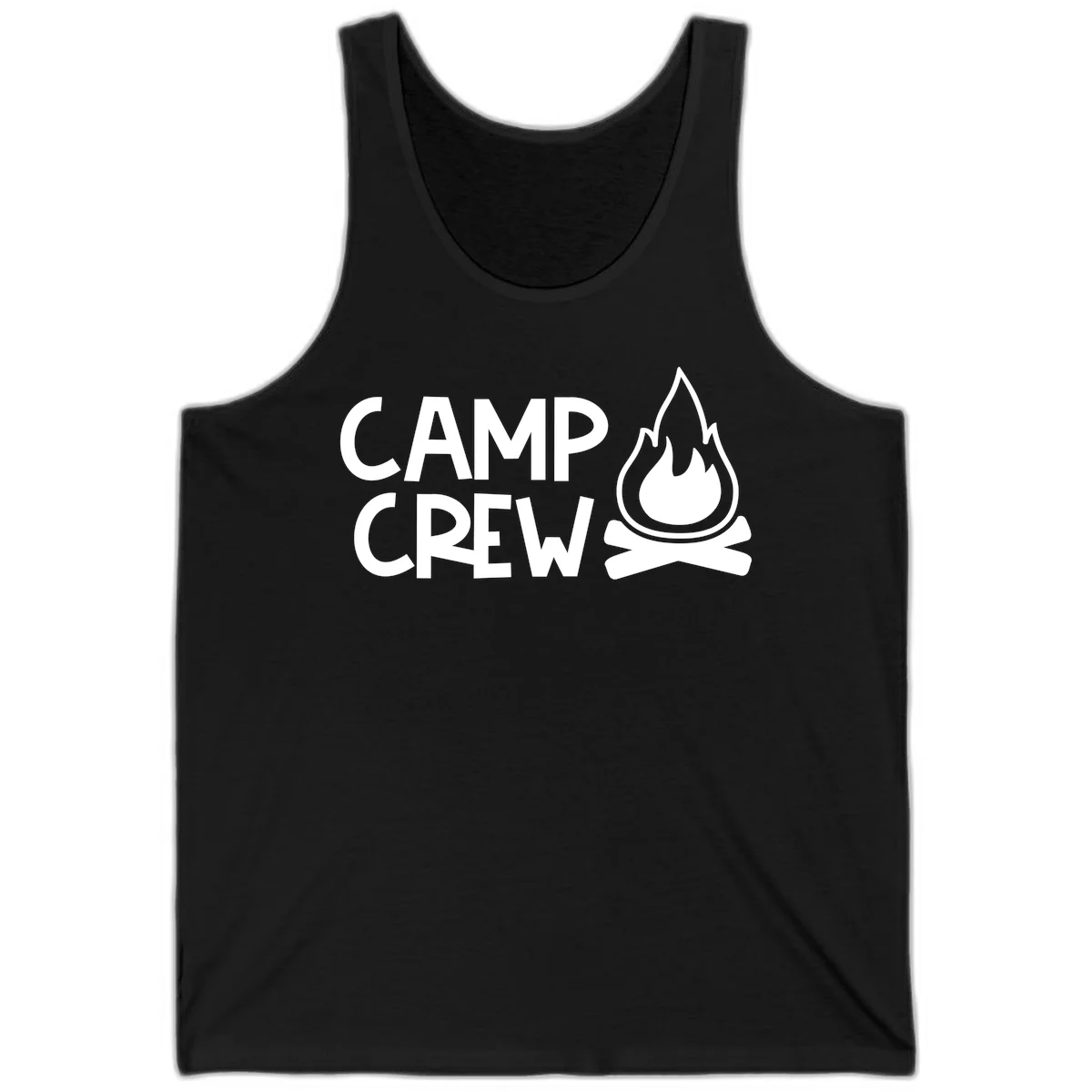 Camp crew campfire design with white text and stylized flames above crossed logs on gray background in Black