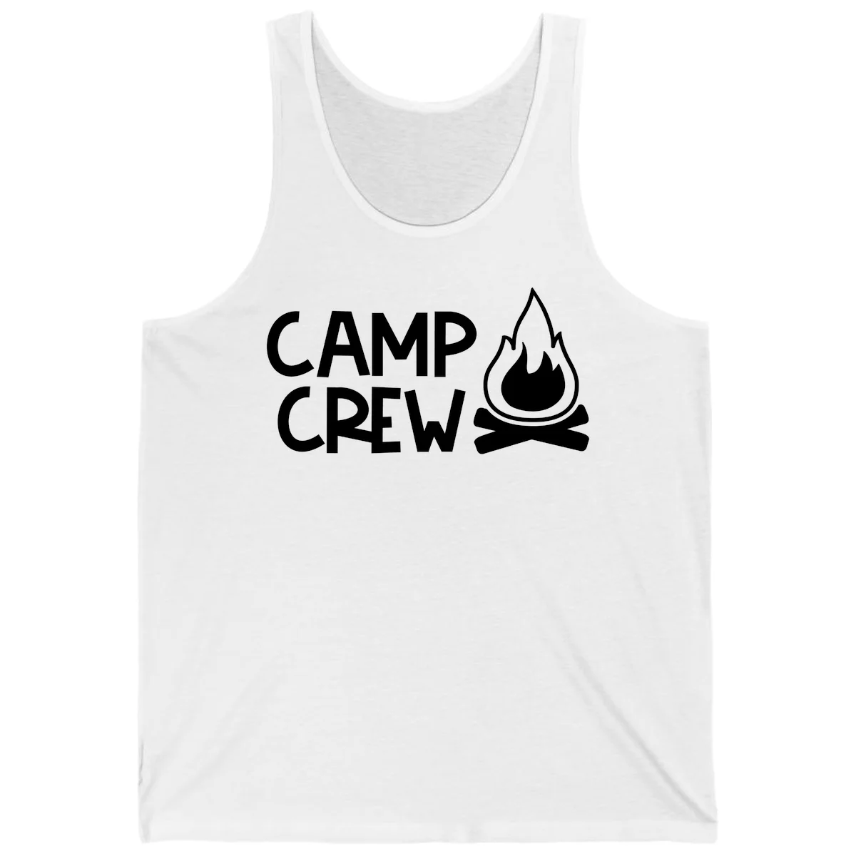 Camp crew campfire design with white text and stylized flames above crossed logs on gray background in White