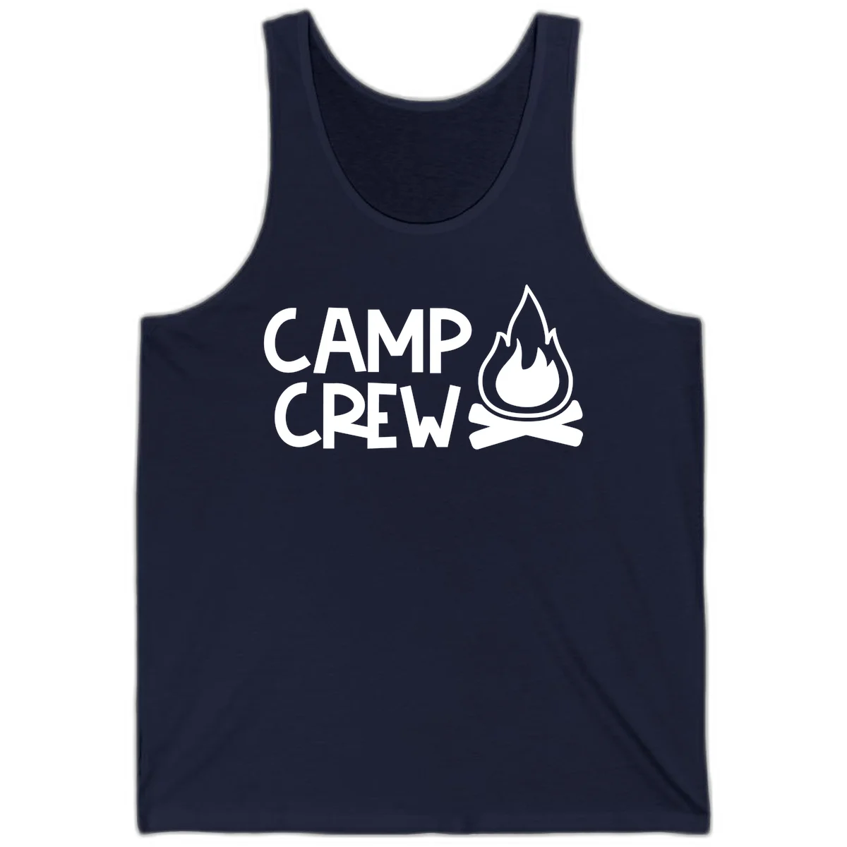 Camp crew campfire design with white text and stylized flames above crossed logs on gray background in Navy