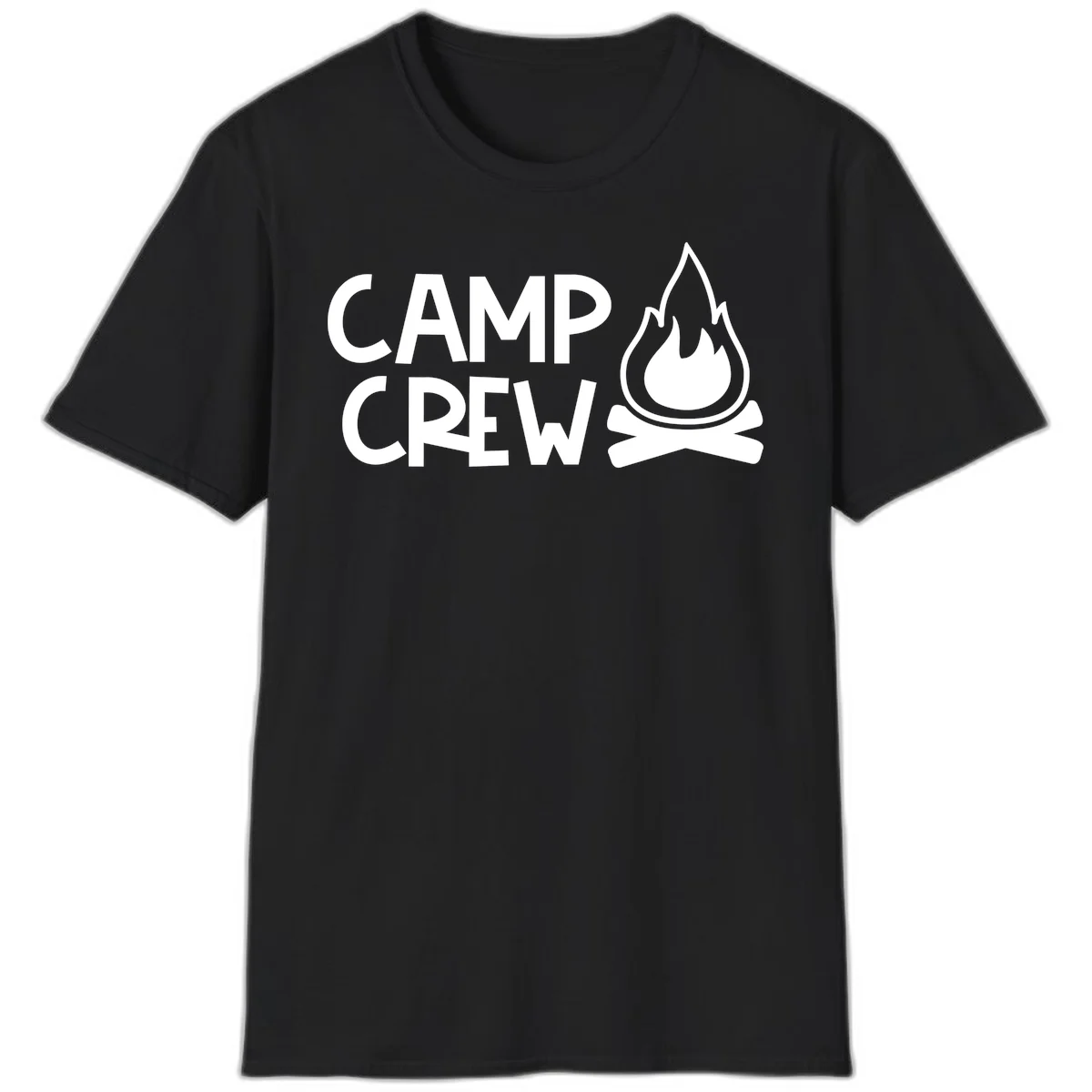 Camp crew campfire design with white text and stylized flames above crossed logs on gray background in Black