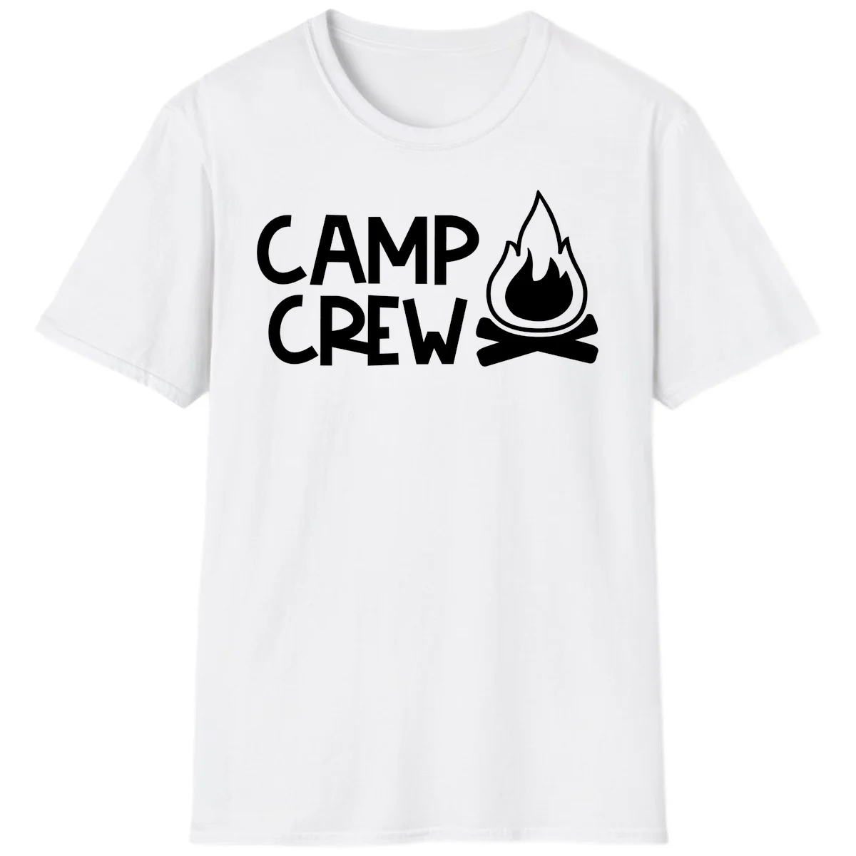 Camp crew campfire design with white text and stylized flames above crossed logs on gray background in White