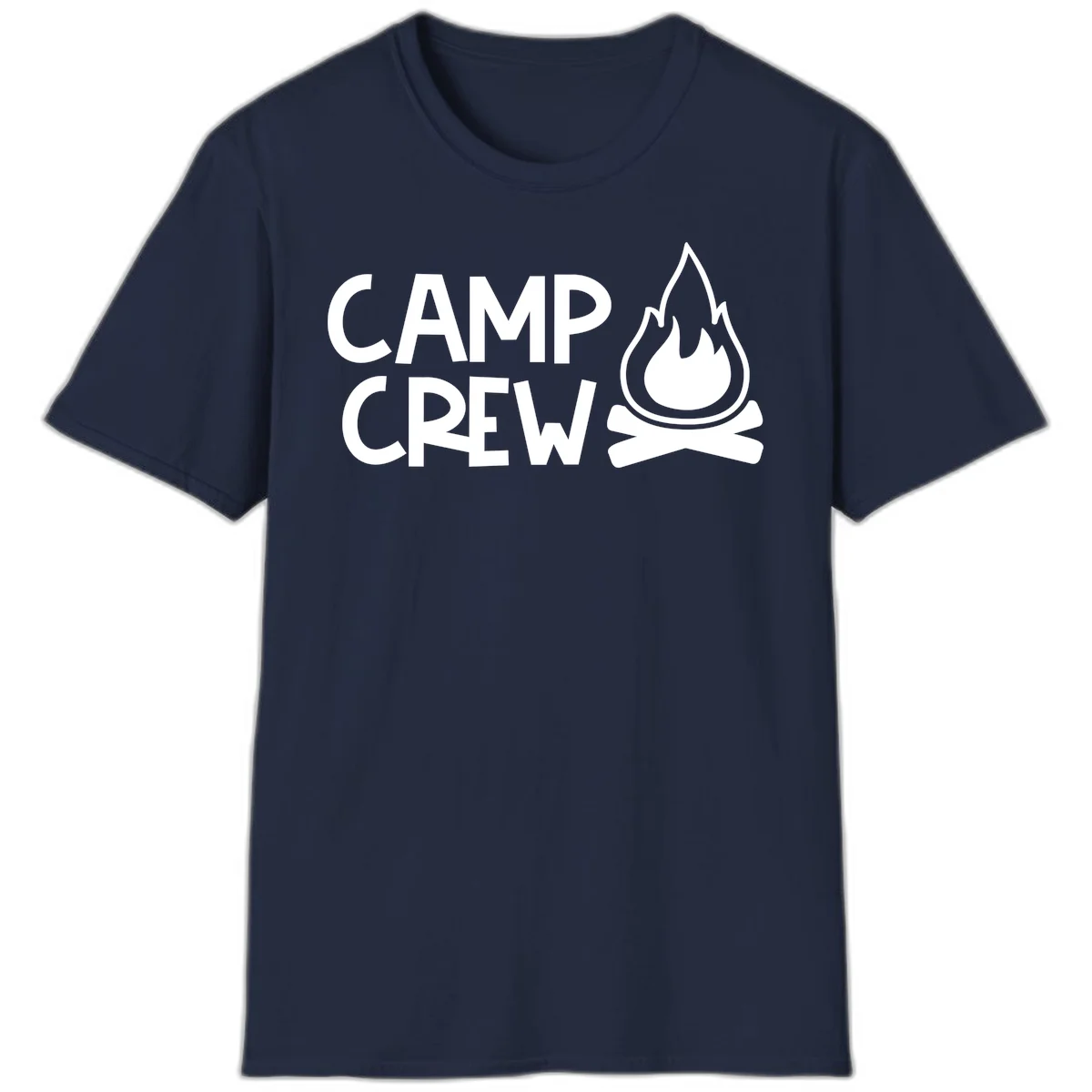 Camp crew campfire design with white text and stylized flames above crossed logs on gray background in Navy