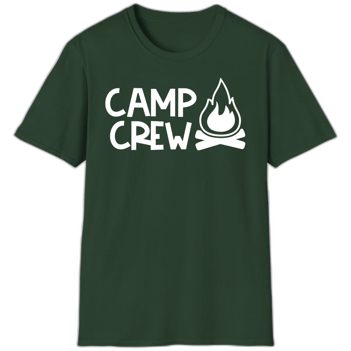 Camp crew campfire design with white text and stylized flames above crossed logs on gray background in Forest Green
