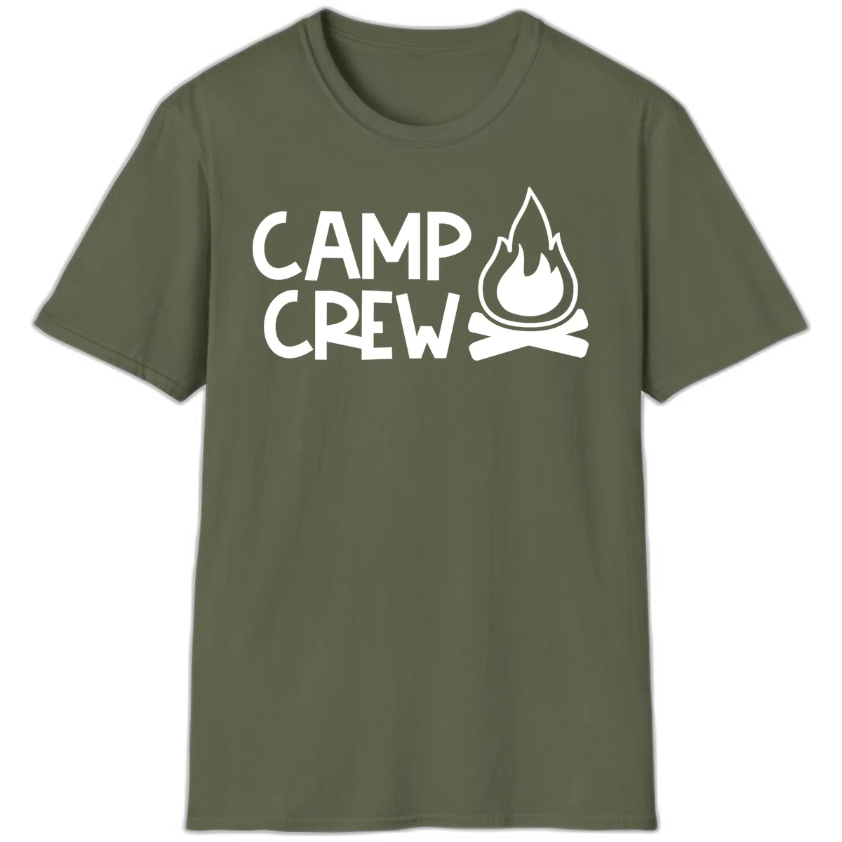 Camp crew campfire design with white text and stylized flames above crossed logs on gray background in Military Green