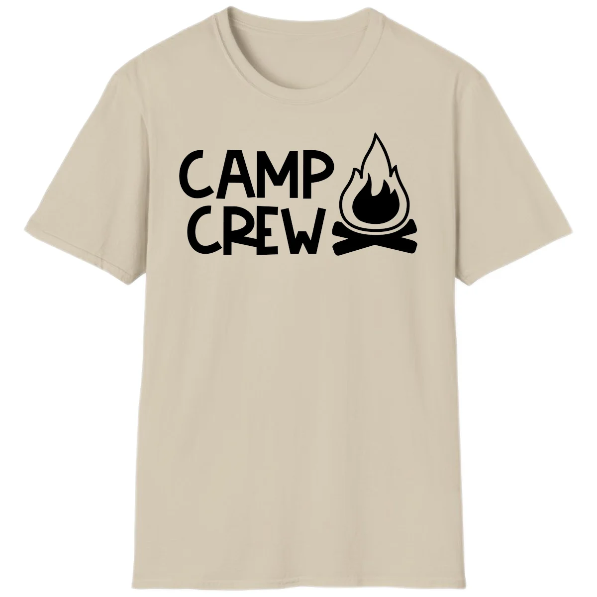 Camp crew campfire design with white text and stylized flames above crossed logs on gray background in Sand