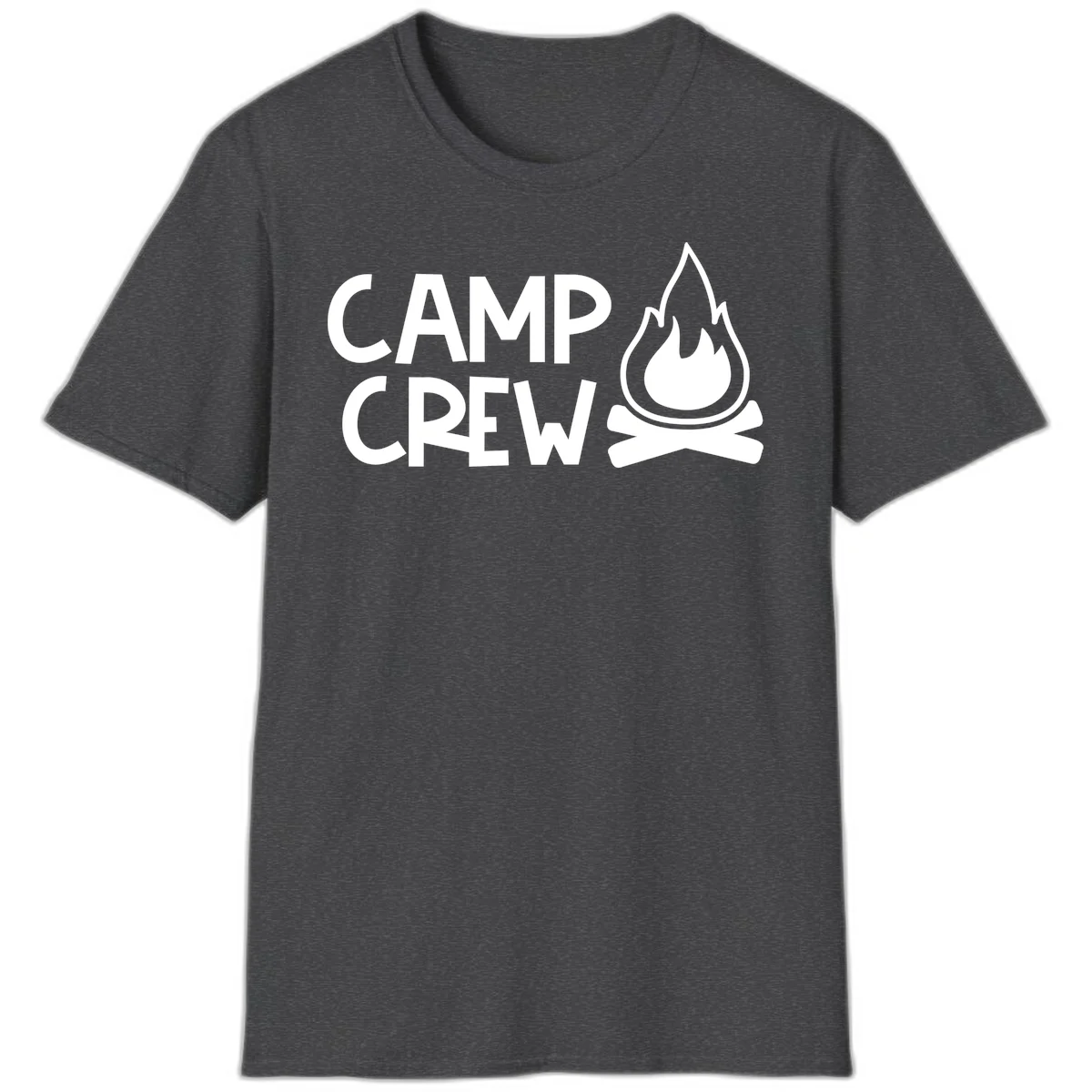 Camp crew campfire design with white text and stylized flames above crossed logs on gray background in Dark Heather