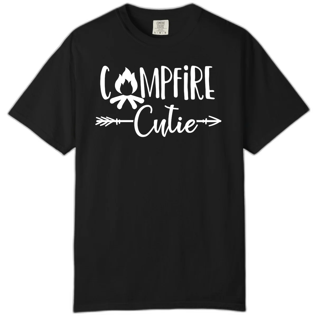Campfire cutie design with stylized flame icon and decorative arrows on gray background in Black