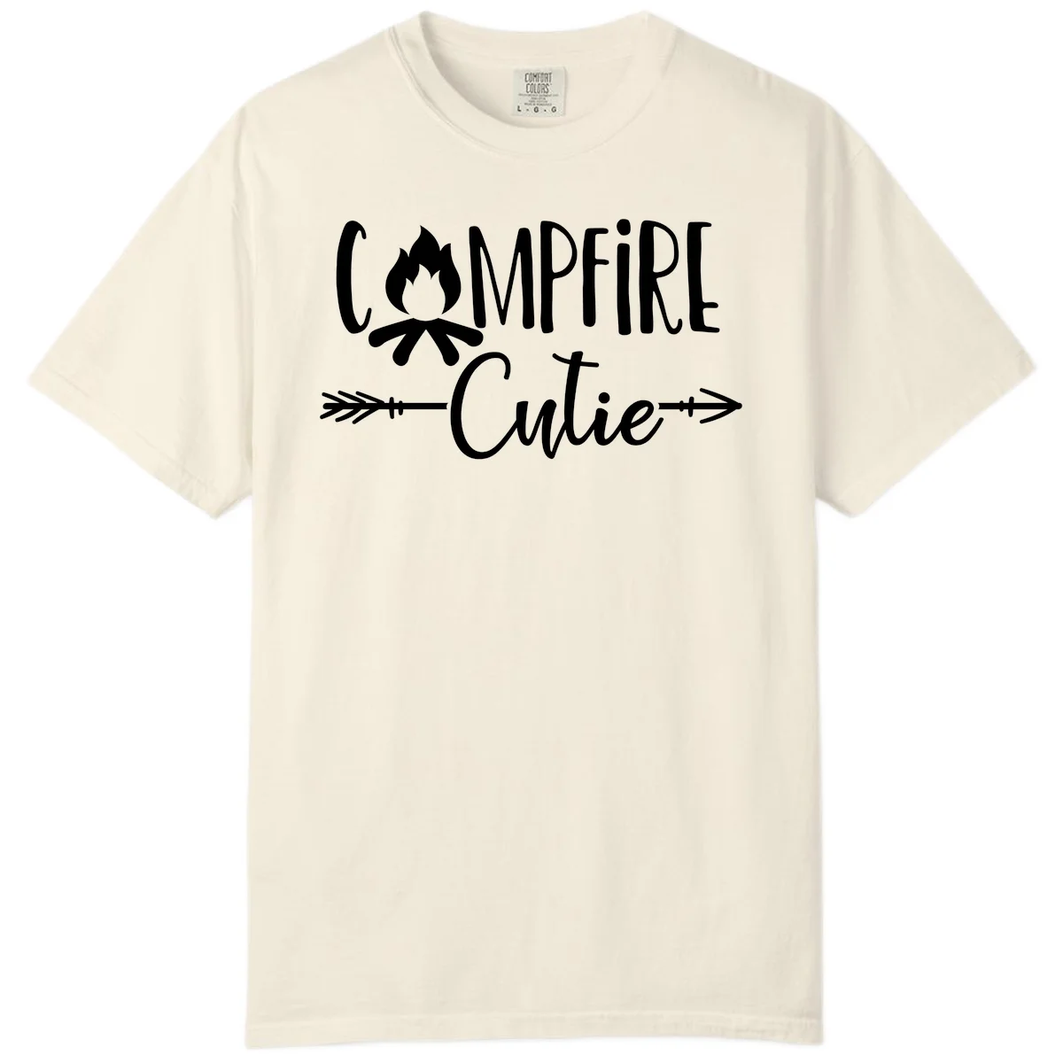 Campfire cutie design with stylized flame icon and decorative arrows on gray background in Ivory