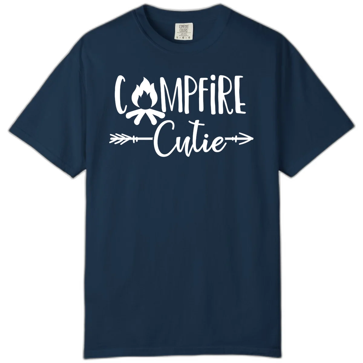 Campfire cutie design with stylized flame icon and decorative arrows on gray background in True Navy