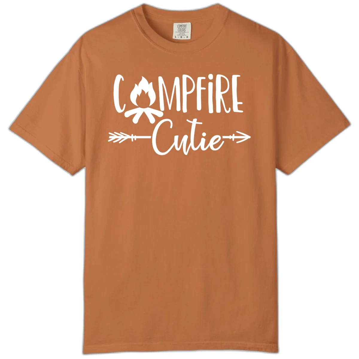 Campfire cutie design with stylized flame icon and decorative arrows on gray background in Yam
