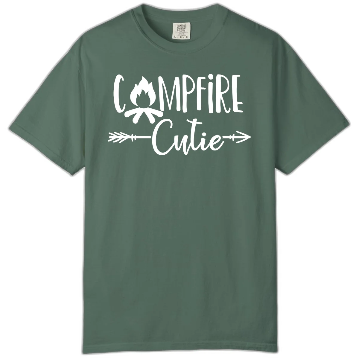 Campfire cutie design with stylized flame icon and decorative arrows on gray background in Blue Spruce