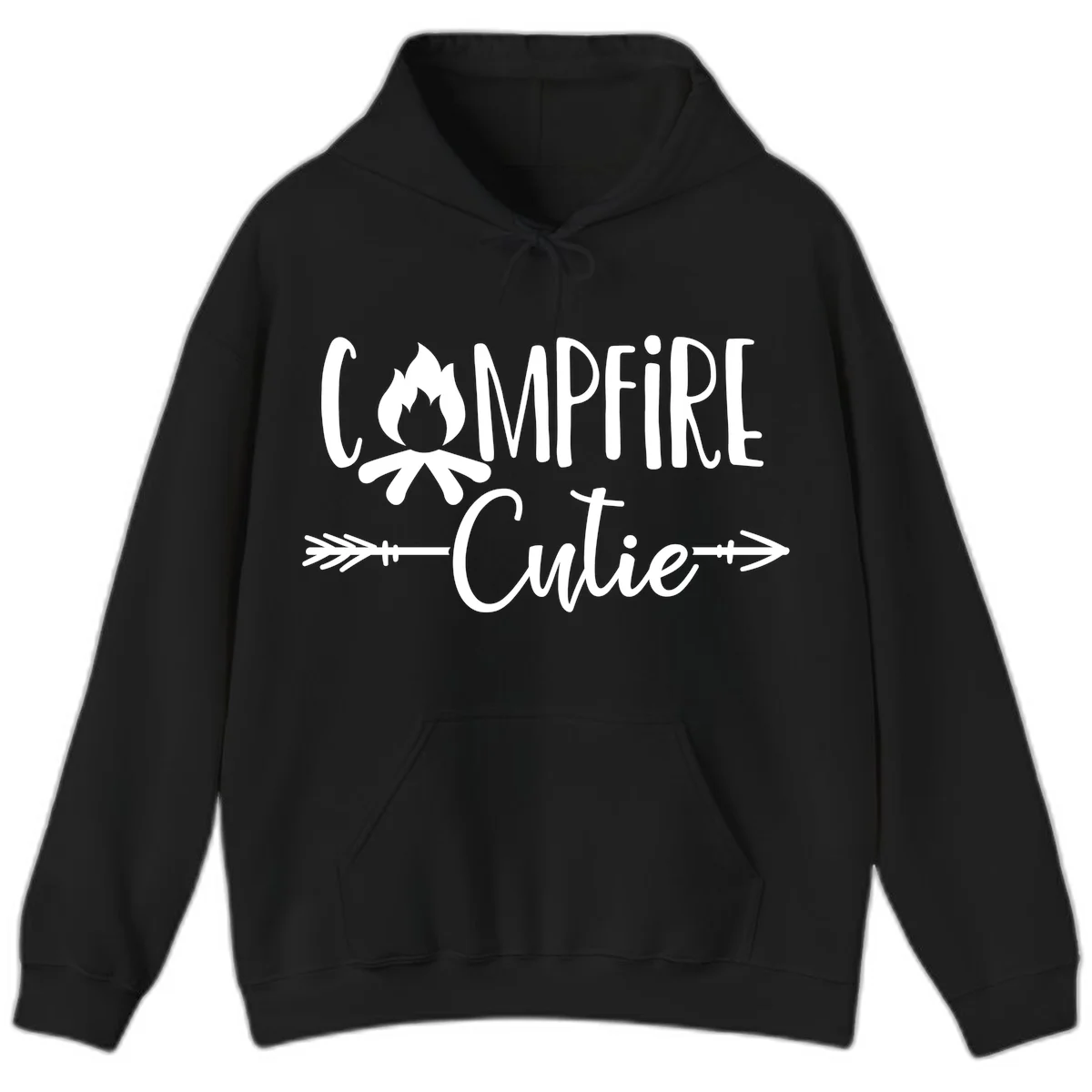 Campfire cutie design with stylized flame icon and decorative arrows on gray background in Black