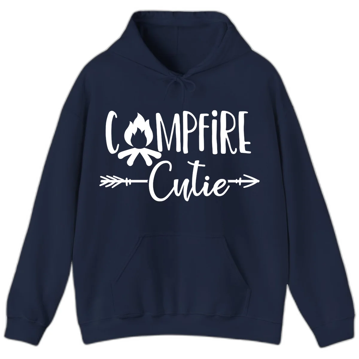 Campfire cutie design with stylized flame icon and decorative arrows on gray background in Navy