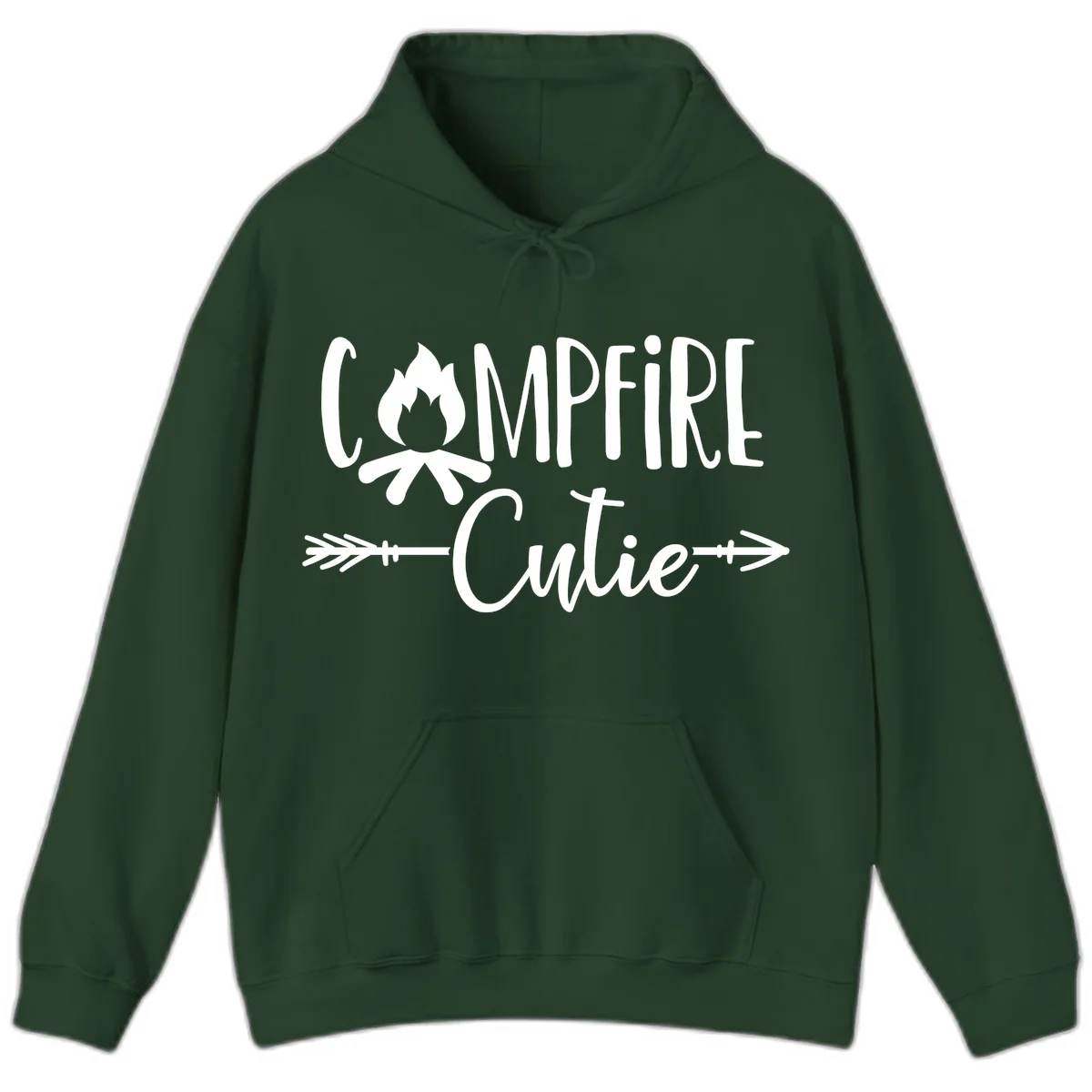 Campfire cutie design with stylized flame icon and decorative arrows on gray background in Forest Green