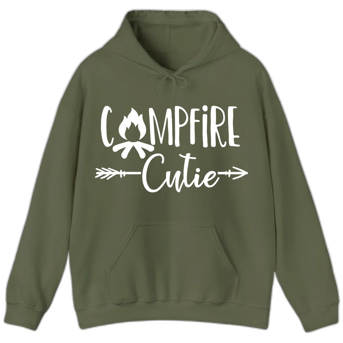 Campfire cutie design with stylized flame icon and decorative arrows on gray background in Military Green
