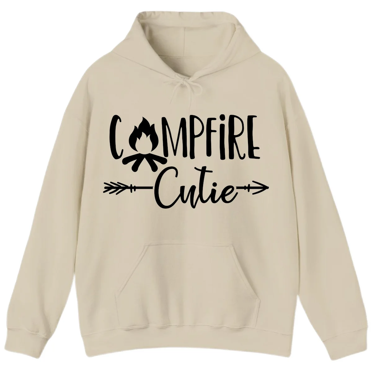 Campfire cutie design with stylized flame icon and decorative arrows on gray background in Sand