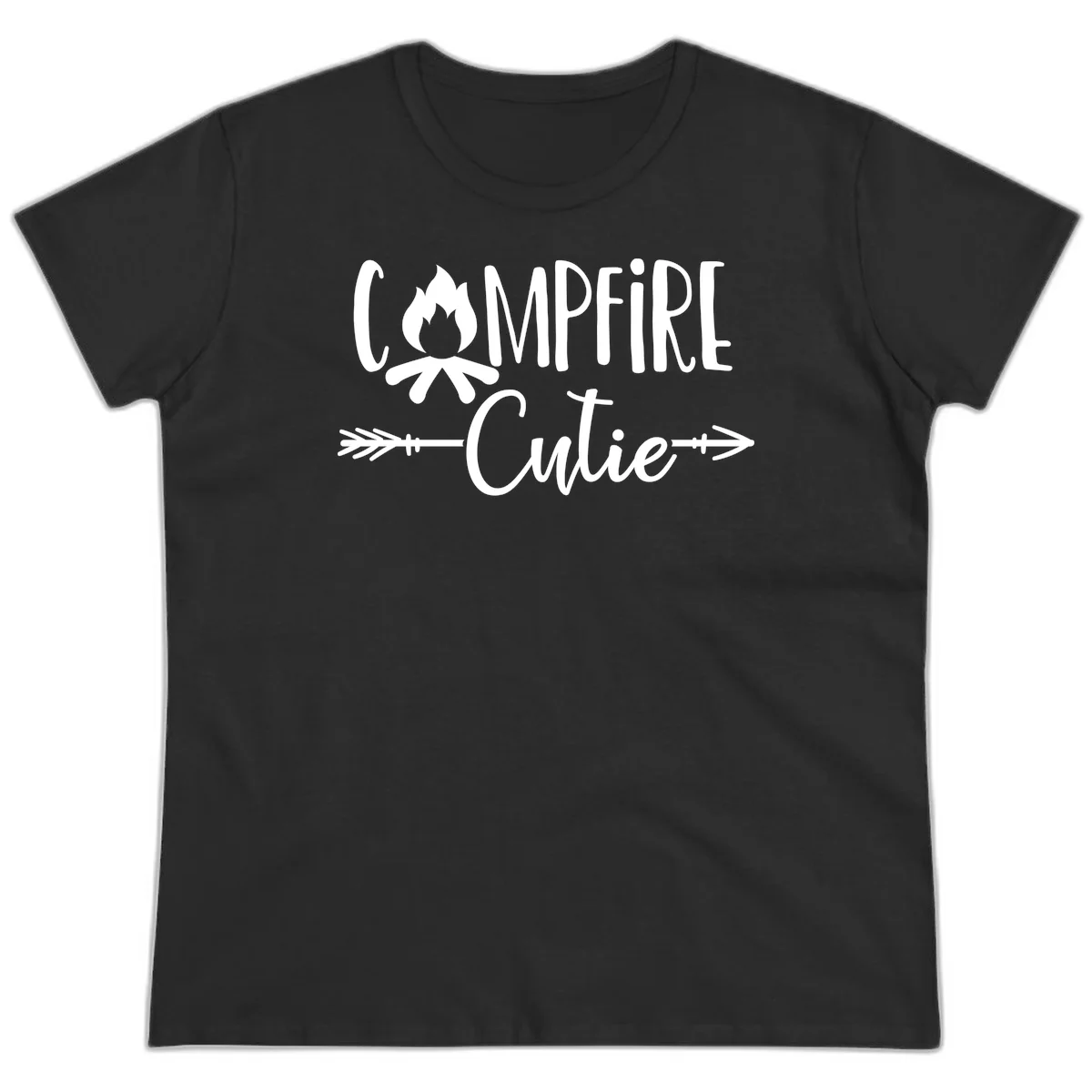 Campfire cutie design with stylized flame icon and decorative arrows on gray background in Black