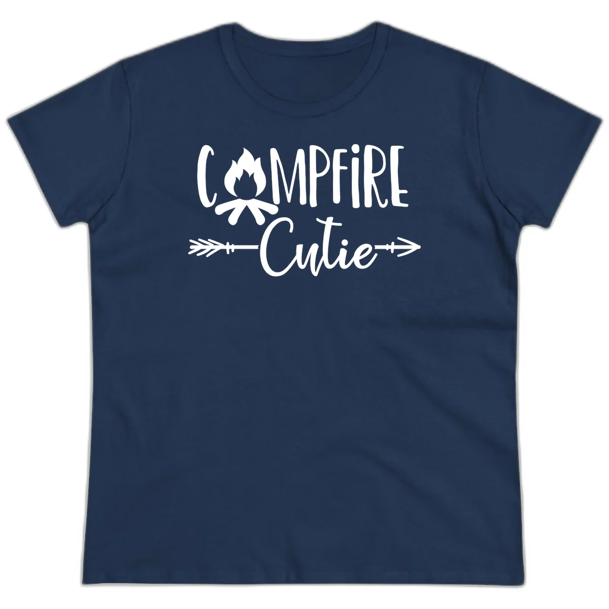 Campfire cutie design with stylized flame icon and decorative arrows on gray background in Navy