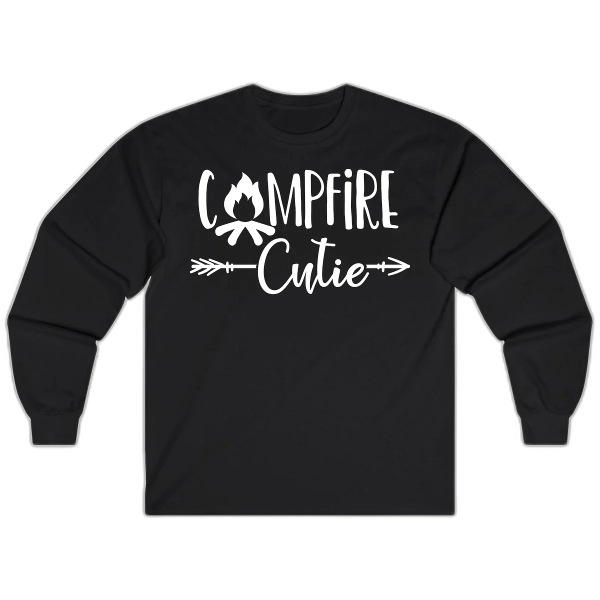 Campfire cutie design with stylized flame icon and decorative arrows on gray background in Black