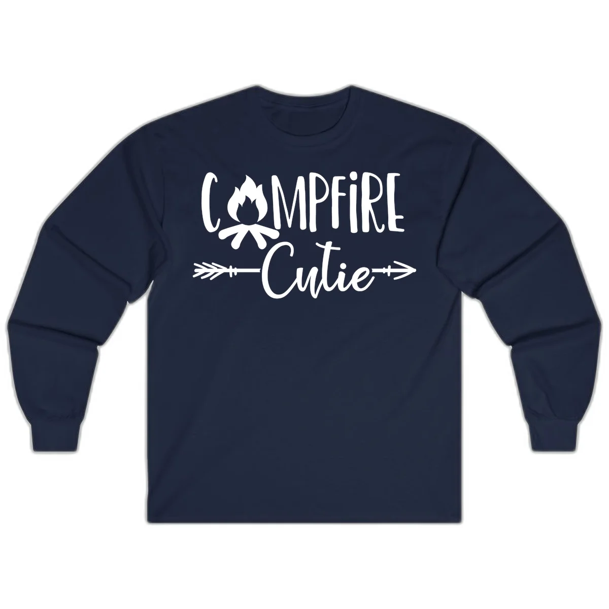 Campfire cutie design with stylized flame icon and decorative arrows on gray background in Navy