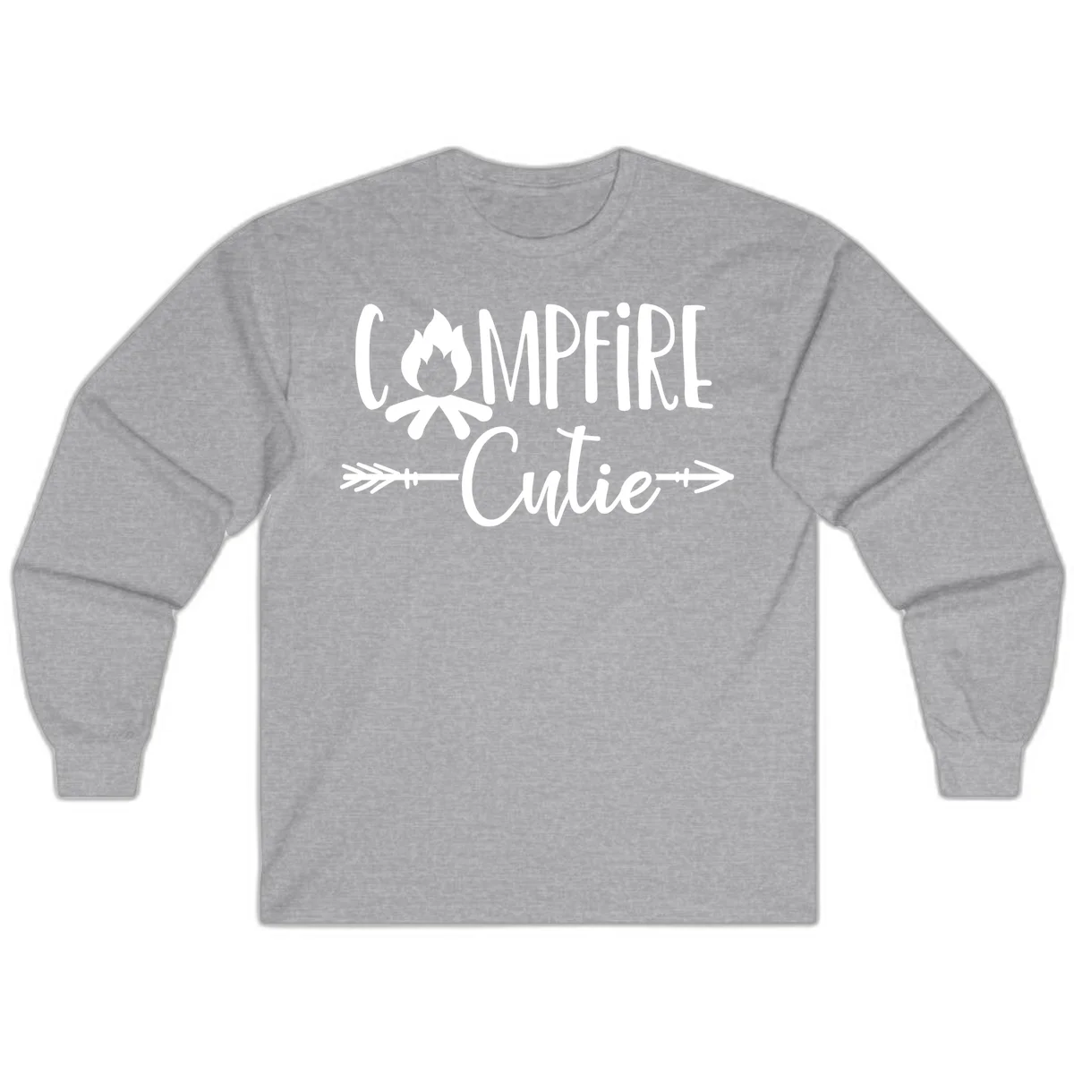 Campfire cutie design with stylized flame icon and decorative arrows on gray background in Sport Grey