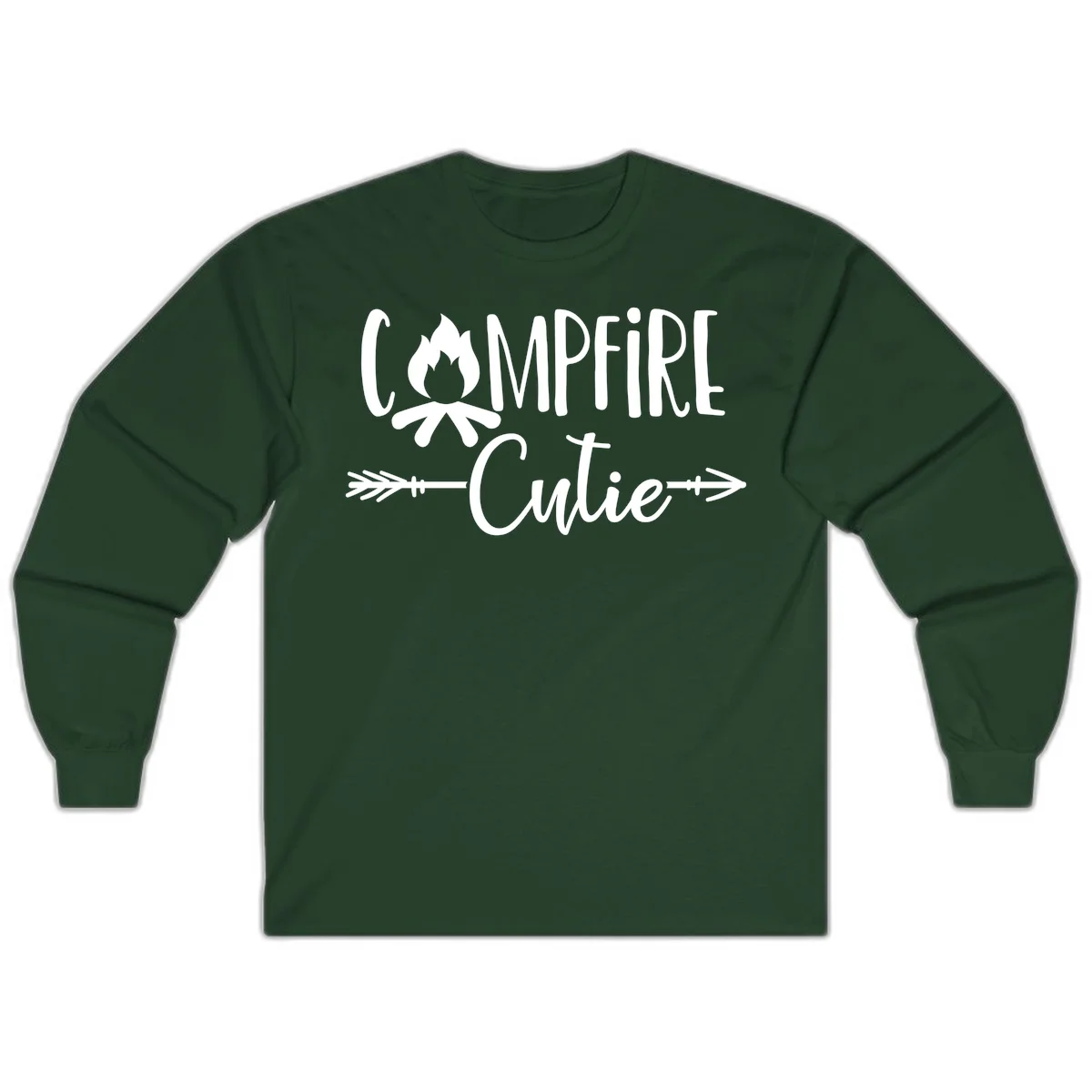 Campfire cutie design with stylized flame icon and decorative arrows on gray background in Forest Green