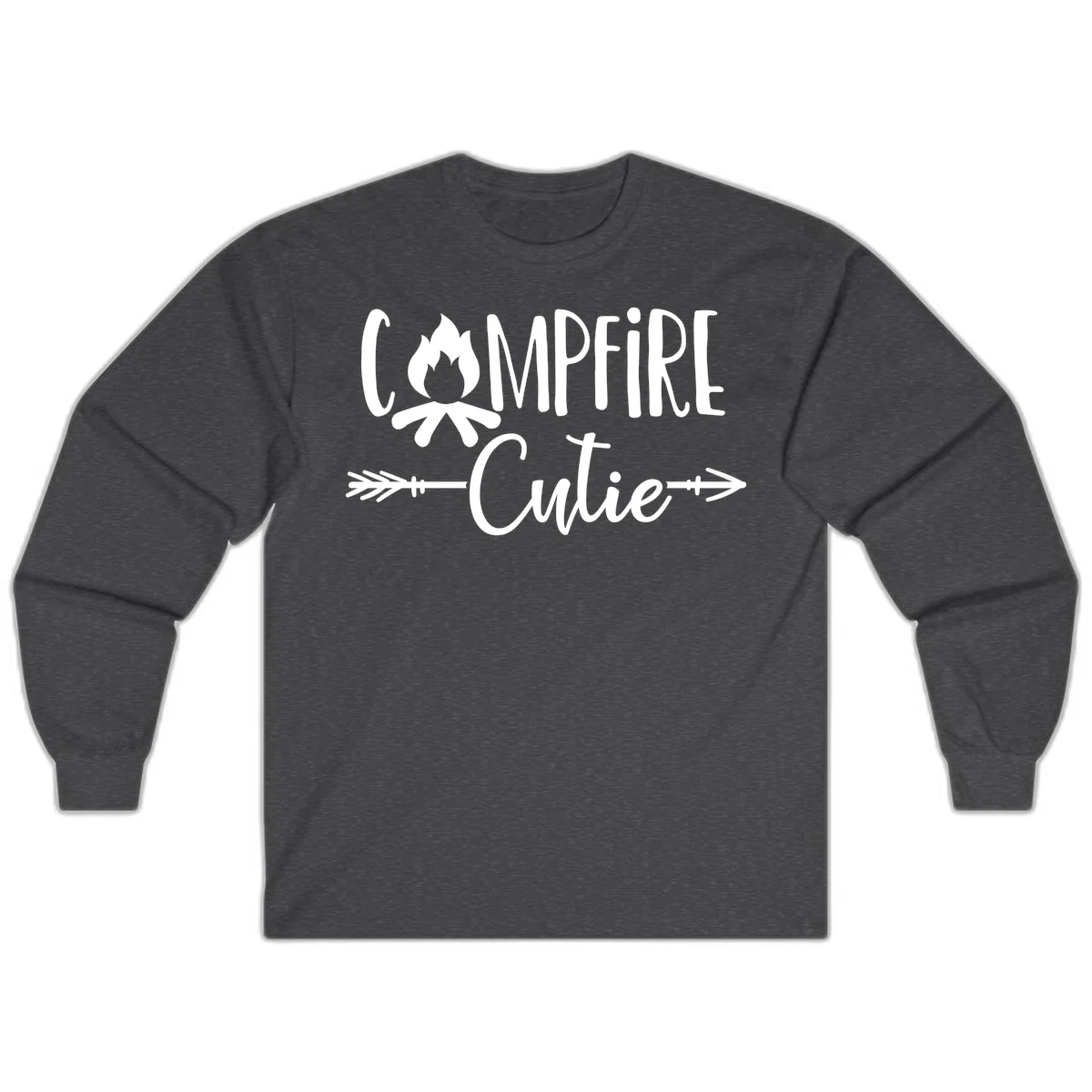 Campfire cutie design with stylized flame icon and decorative arrows on gray background in Dark Heather