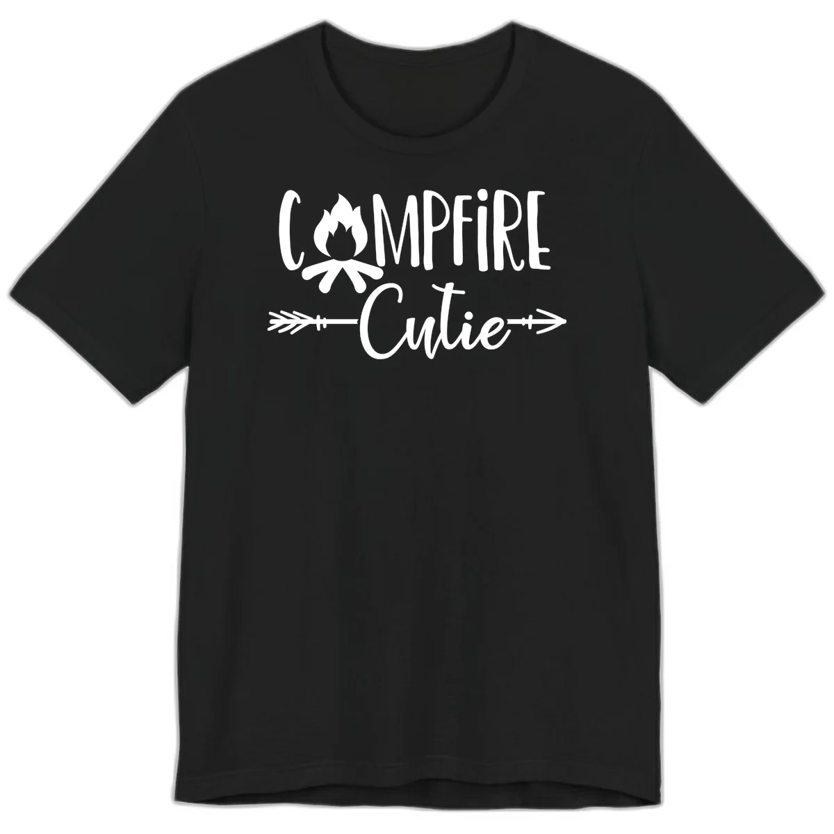 Campfire cutie design with stylized flame icon and decorative arrows on gray background in Black