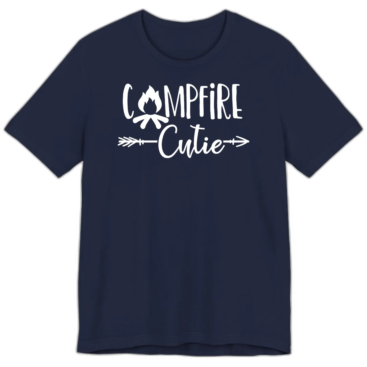 Campfire cutie design with stylized flame icon and decorative arrows on gray background in Navy