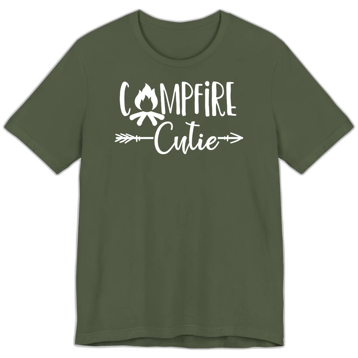 Campfire cutie design with stylized flame icon and decorative arrows on gray background in Military Green