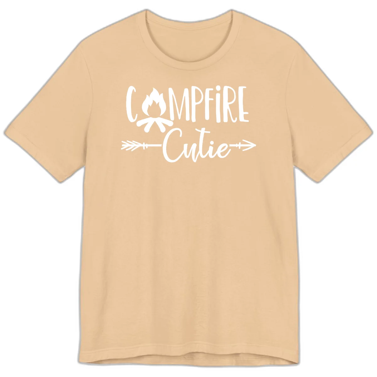 Campfire cutie design with stylized flame icon and decorative arrows on gray background in Sand Dune