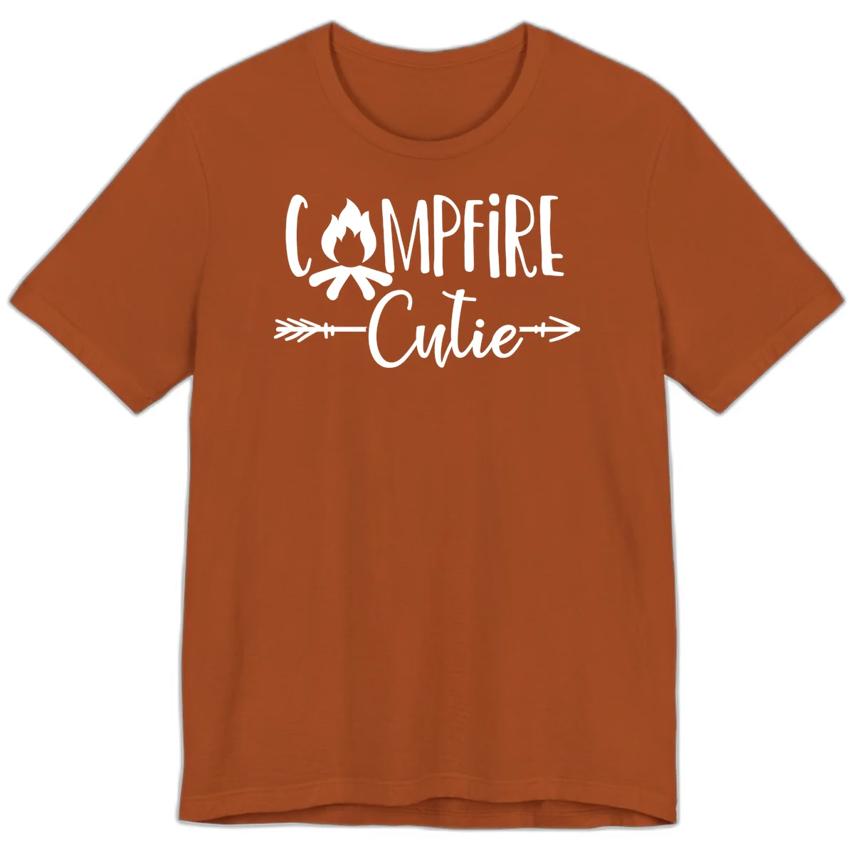 Campfire cutie design with stylized flame icon and decorative arrows on gray background in Autumn