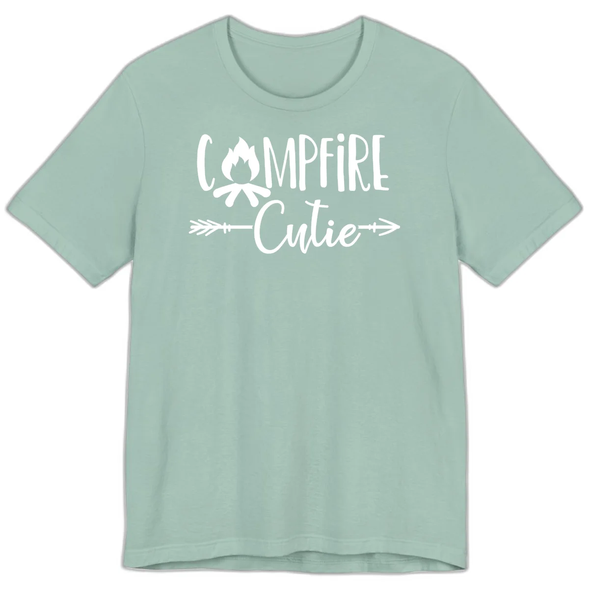 Campfire cutie design with stylized flame icon and decorative arrows on gray background in Dusty Blue