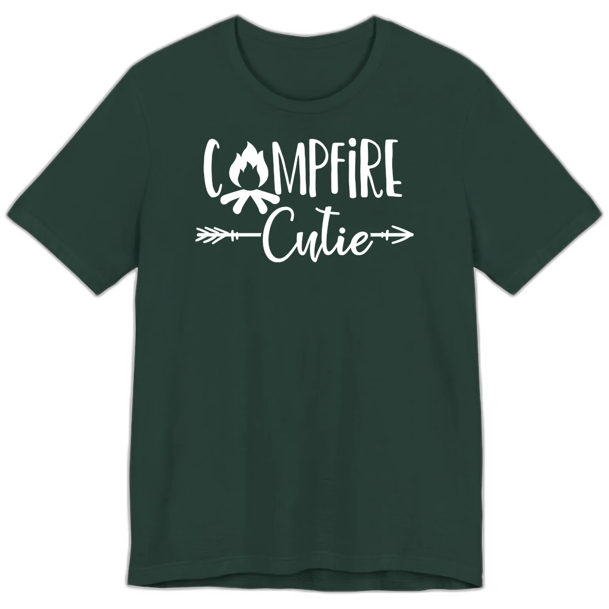 Campfire cutie design with stylized flame icon and decorative arrows on gray background in Forest