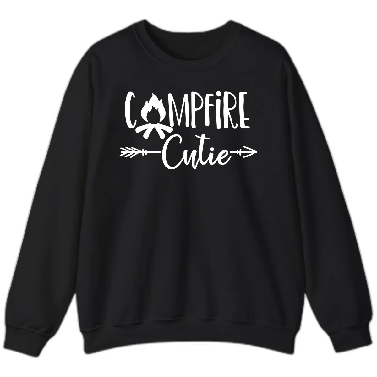 Campfire cutie design with stylized flame icon and decorative arrows on gray background in Black