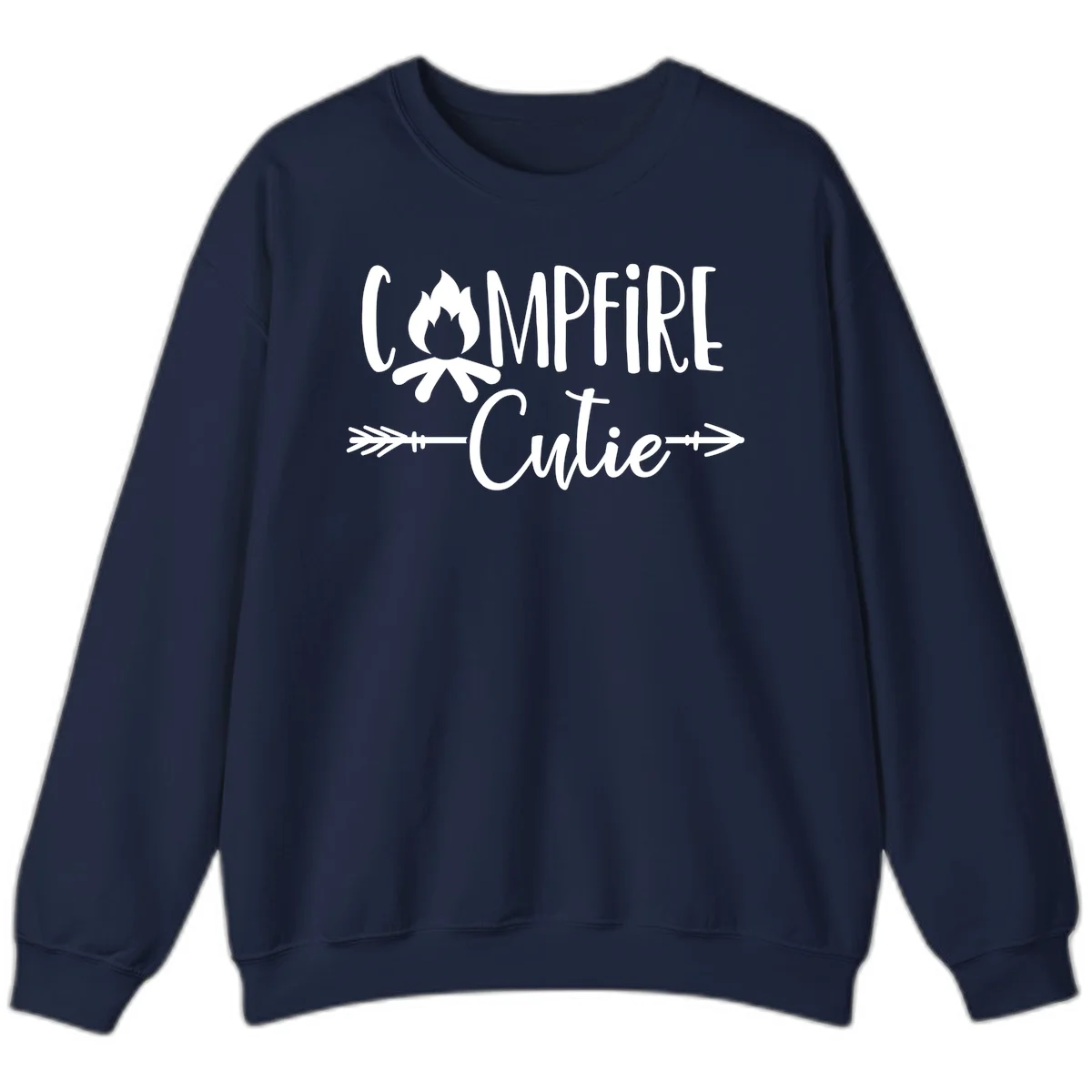 Campfire cutie design with stylized flame icon and decorative arrows on gray background in Navy