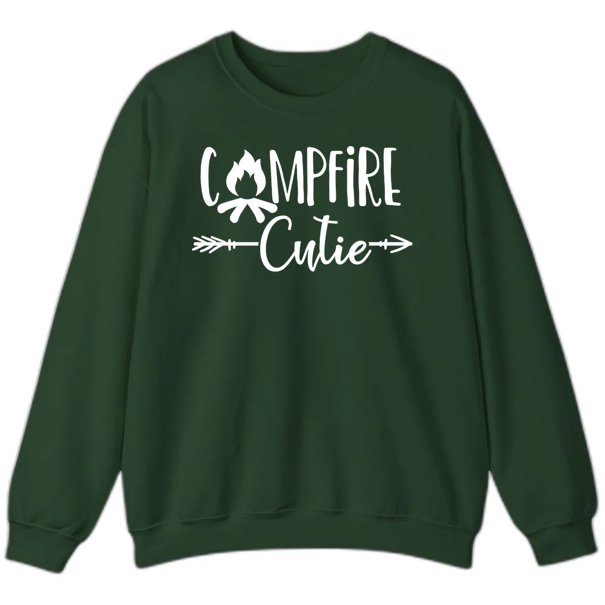 Campfire cutie design with stylized flame icon and decorative arrows on gray background in Forest Green