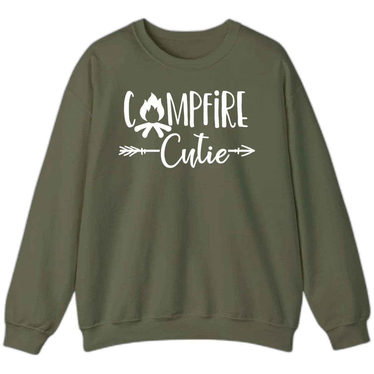 Campfire cutie design with stylized flame icon and decorative arrows on gray background in Military Green