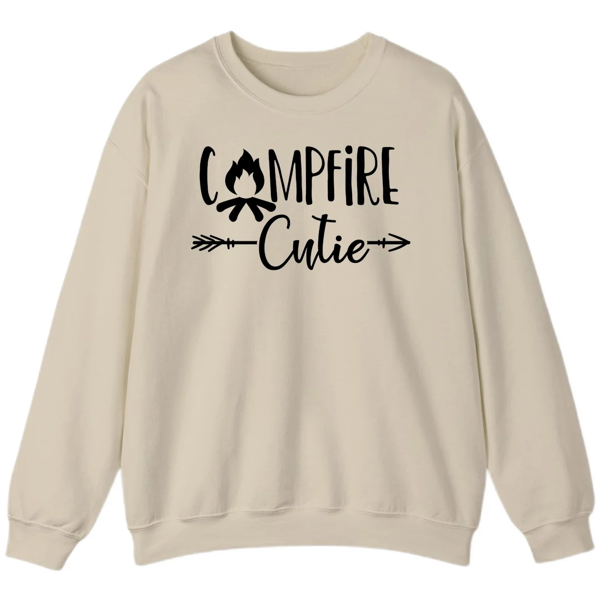 Campfire cutie design with stylized flame icon and decorative arrows on gray background in Sand