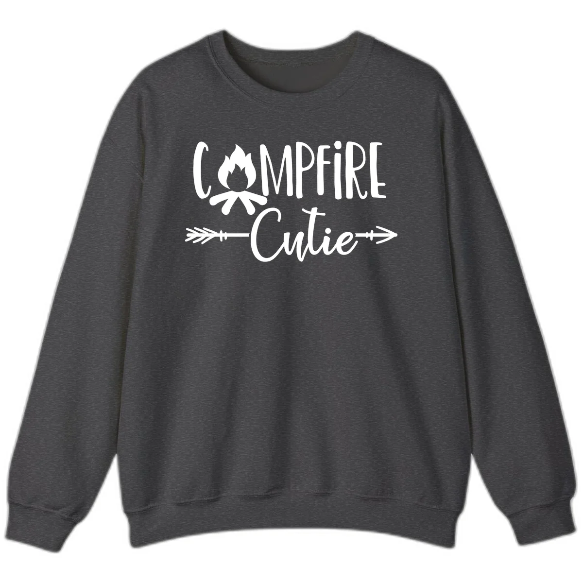 Campfire cutie design with stylized flame icon and decorative arrows on gray background in Dark Heather