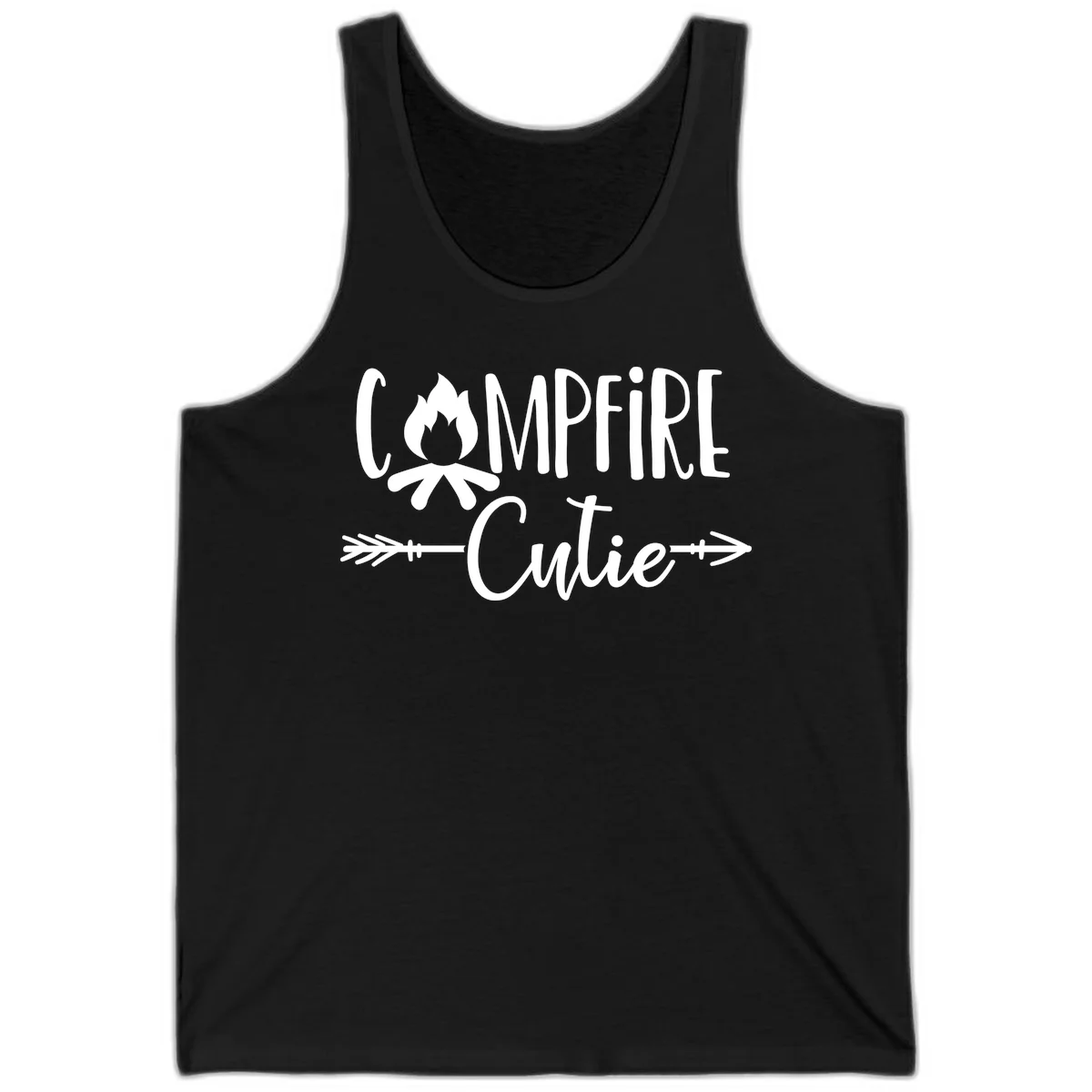 Campfire cutie design with stylized flame icon and decorative arrows on gray background in Black