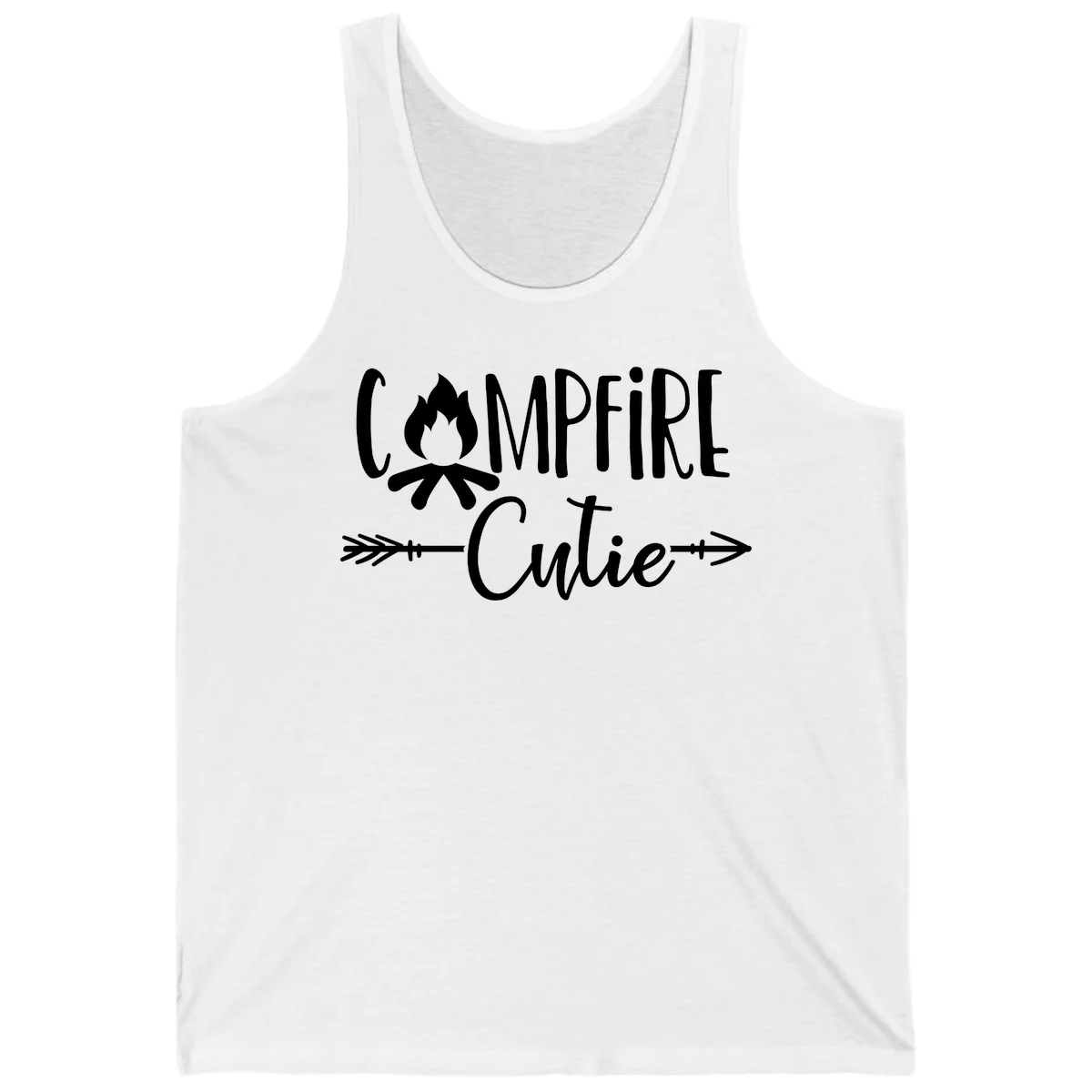 Campfire cutie design with stylized flame icon and decorative arrows on gray background in White