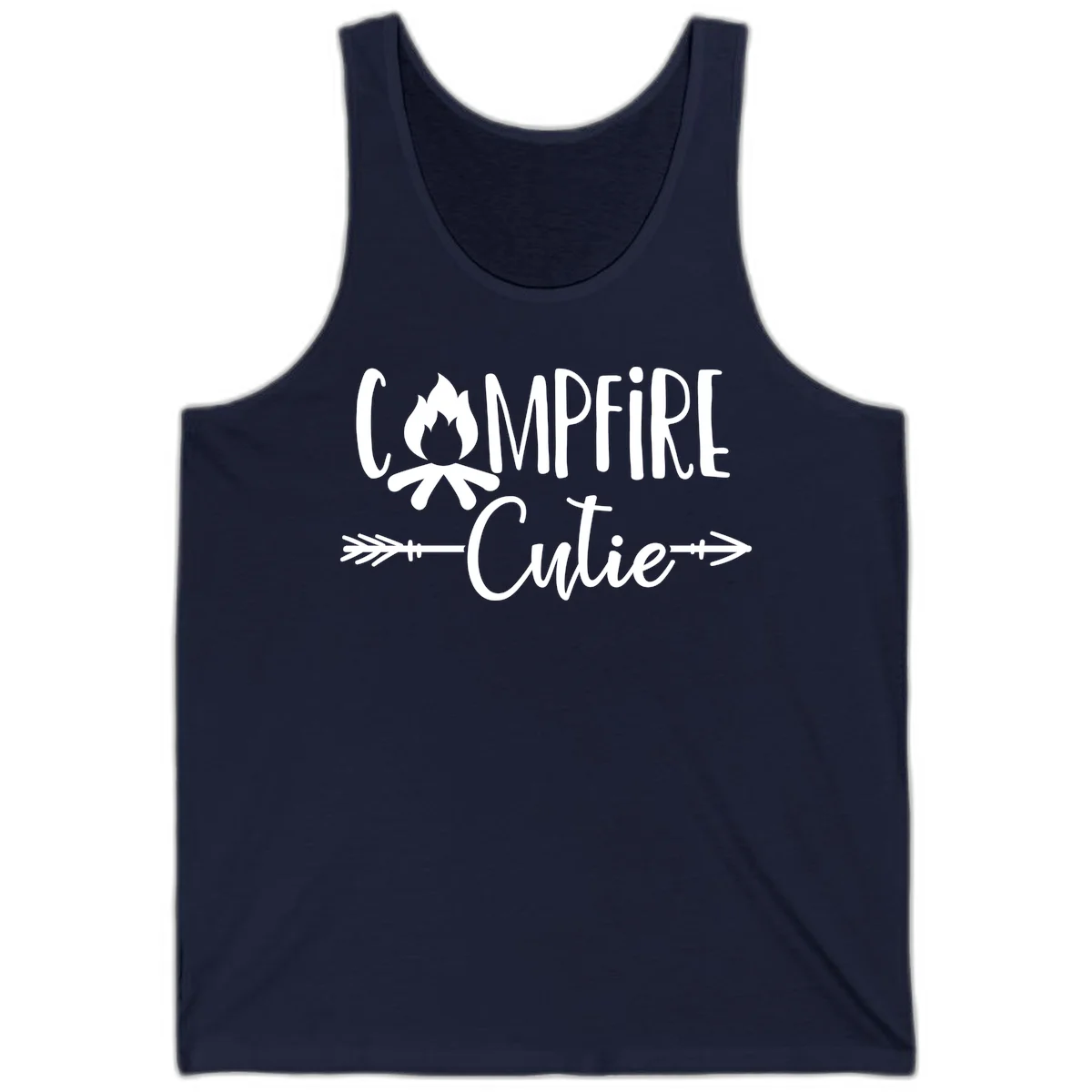Campfire cutie design with stylized flame icon and decorative arrows on gray background in Navy