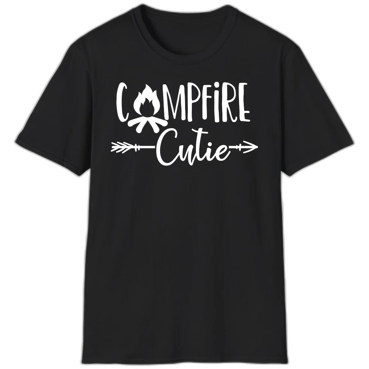 Campfire cutie design with stylized flame icon and decorative arrows on gray background in Black