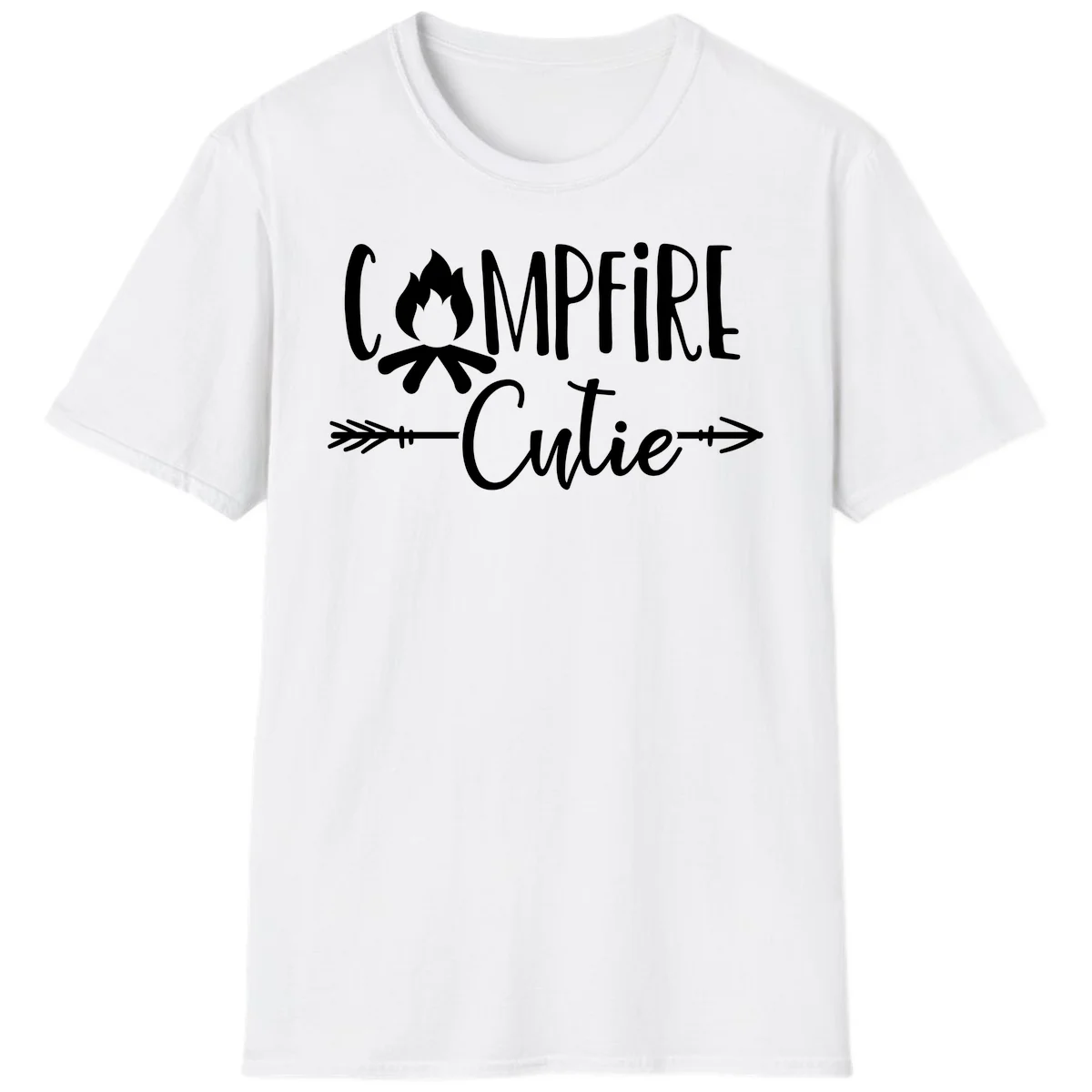 Campfire cutie design with stylized flame icon and decorative arrows on gray background in White