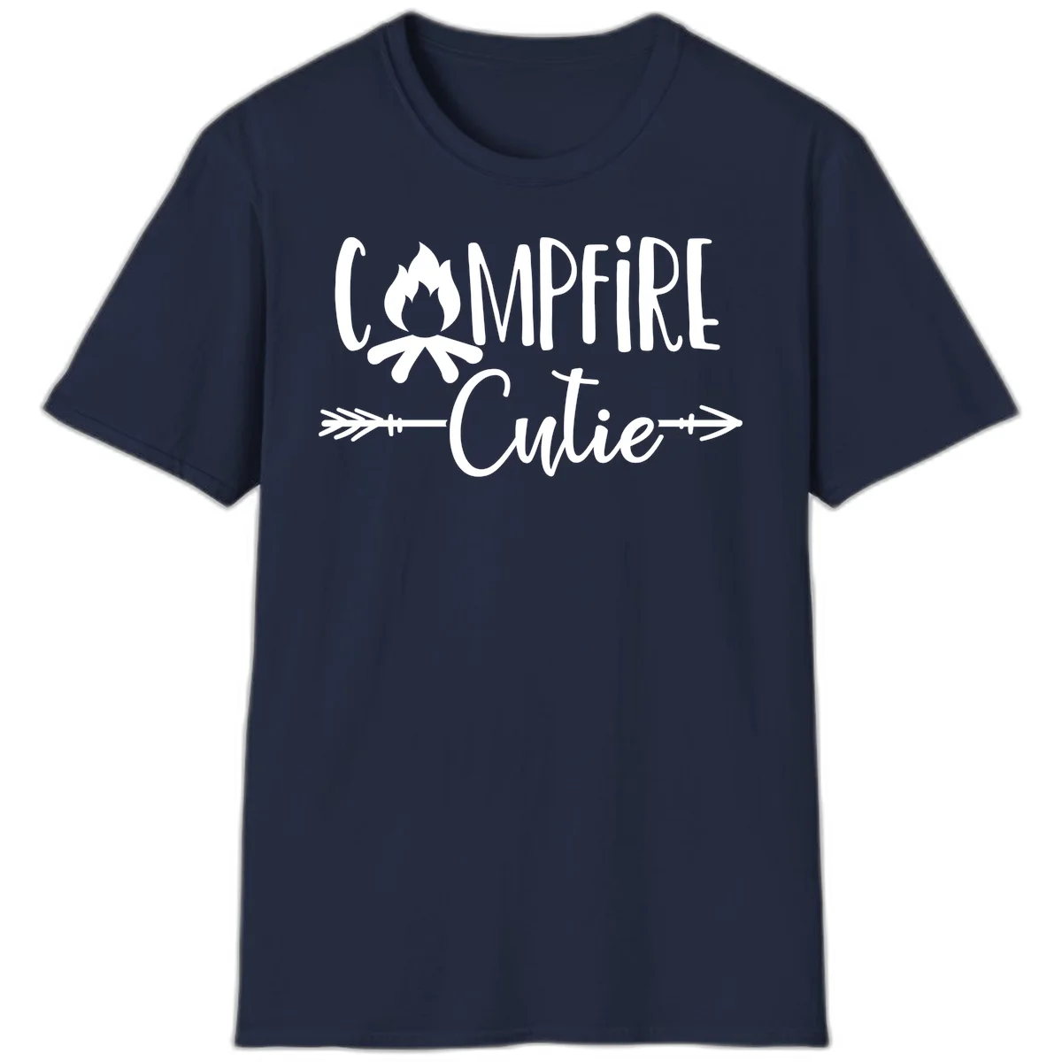 Campfire cutie design with stylized flame icon and decorative arrows on gray background in Navy